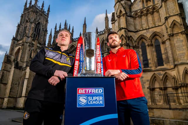 A sacred mission: To mark the opening of York Knights' maiden season in Super League, their captain Liam Harris, left, is pictured outside York Minster with Oliver Gildart of the defending champions Hull KR. (Picture: James Hardisty)