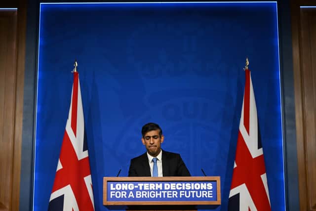 Prime Minister Rishi Sunak delivers a speech on the plans for net-zero commitments in the briefing room at 10 Downing Street, London. PIC: Justin Tallis/PA Wire