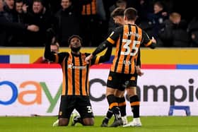 Hull City's Benjamin Tetteh celebrates scoring his sides first goal against West Brom. (Picture: PA)