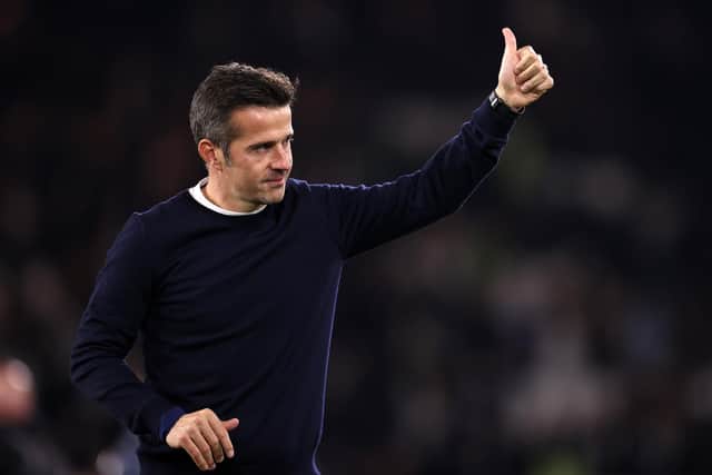 LONDON, ENGLAND - OCTOBER 20: Marco Silva, Head Coach of Fulham, acknowledges the fans following victory in the Premier League match between Fulham FC and Aston Villa at Craven Cottage on October 20, 2022 in London, England. (Photo by Ryan Pierse/Getty Images)