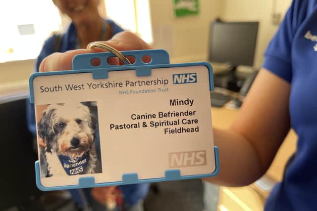 Mindy's name badge as she is an "equal partner"