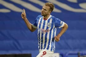 Jordan Rhodes, pictured after scoring in the EFL Cup loss against Preston in August. Huddersfield Town welcome North End in the league on Tuesday night. Picture: PA.