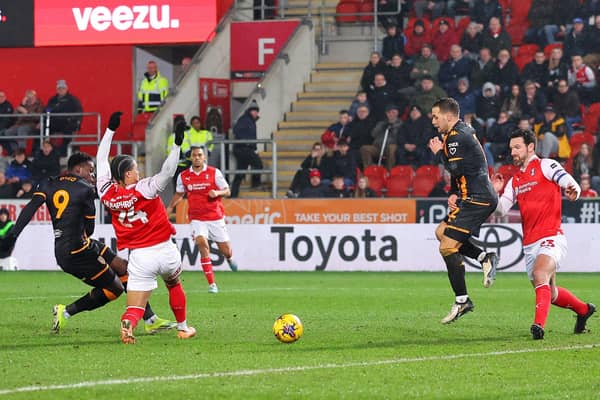 UP{S AND DOWNS: Hull City's Noah Ohio scores the second goal against Rotherham United at the AESSEAL New York Stadium on Tuesday Picture: Matt McNulty/Getty Images