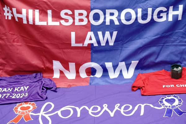 A Hillsborough Law banner on show. PIC: Aaron Chown/PA Wire