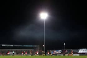 MORECAMBE, ENGLAND - DECEMBER 01: A general view of play is seen during the Sky Bet League Two match between Morecambe and Barrow at Globe Arena on December 01, 2020 in Morecambe, England. Sporting stadiums around the UK remain under strict restrictions due to the Coronavirus Pandemic as Government social distancing laws prohibit fans inside venues resulting in games being played behind closed doors. (Photo by Lewis Storey/Getty Images)