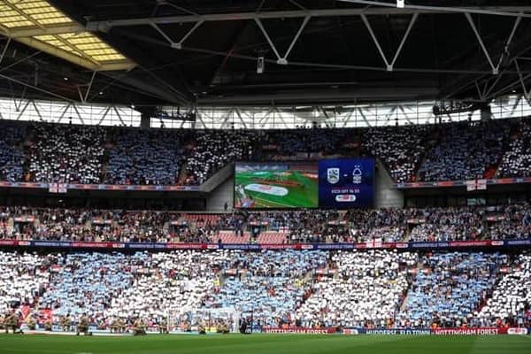 A general view as Huddersfield fans cheer on their side during the Sky Bet Championship Play-Off Final match between Huddersfield Town and Nottingham Forest at Wembley Stadium on May 29, 2022 in London, England. (Picture: Christopher Lee/Getty Images)