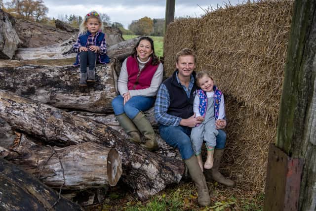 Poultry farmer Edward Wilkinson with his wife Emma and children Letty and Martha pictured at Herb Fed Poultry near Easingwold