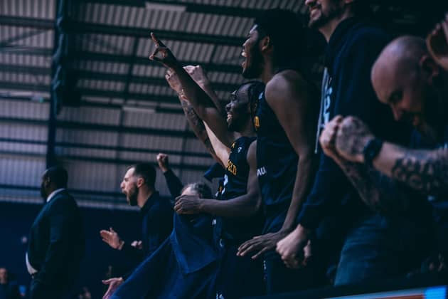 Sheffield Sharks players on the bench celebrate their game three win over Leicester Riders (Picture: Adam Bates)