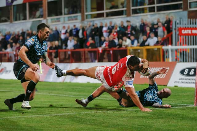 OVER YOU GO: Hull KR's Ryan Hall scores his team's seventh try against Leigh Leopards. Picture by Ed Sykes/SWpix.com