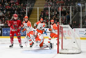 EARLY BLOW: Sheffield Steelers' netminder Matt Greenfield can't get across to stop Kristoff Kontos scoring what proved to be a first-minute gmae-winner for Cardiff Devils on Saturday. Picture: James Assinder/EIHL Media.