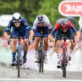 Gonzalo Serrano of Team Movistar, left, beats Tom Pidcock, right, of Team INEOS Grenadier in a lunge for the finish line at the end of Stage Four of the 2022 AJ Bell Tour of Britain from Redcar to Helmsley last September (Picture: Will Palmer/SWpix.com)