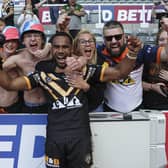 Jason Qareqare celebrates last year's Magic Weekend win over Leeds with the fans. (Photo: Paul Currie/SWpix.com)