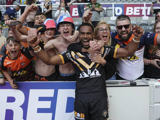 Jason Qareqare celebrates last year's Magic Weekend win over Leeds with the fans. (Photo: Paul Currie/SWpix.com)