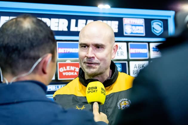 Castleford coach Craig Lingard is interviewed after his side's loss to Wigan. (Photo: Allan McKenzie/SWpix.com)