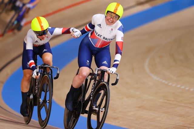 Laura Kenny and Katie Archibald of Team Great Britain compete during the Women's Madison final of the track cycling on day 14 of the Tokyo 2020 Olympic Games at Izu Velodrome on August 6, 2021 in Izu, Japan. Photo by Tim de Waele/Getty Images.