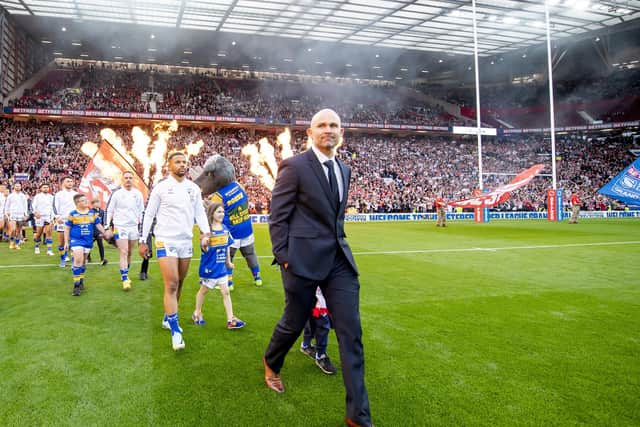 Rohan Smith led the Rhinos out at Old Trafford last year. (Photo: Allan McKenzie/SWpix.com)