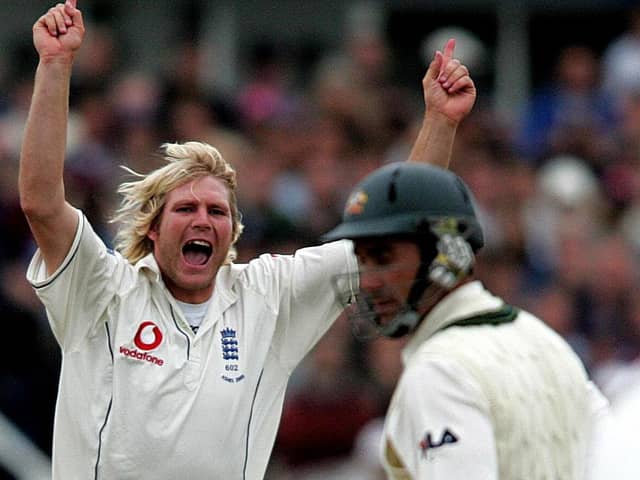 Matthew Hoggard celebrates the wicket of Australia's Justin Langer during the historic 2005 Ashes series. Photo: Martin Rickett/PA Wire.