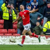Adam Phillips celebrates scoring for Barnsley in the 3-0 victory over Plymouth Argyle last month. Picture: Bruce Rollinson.