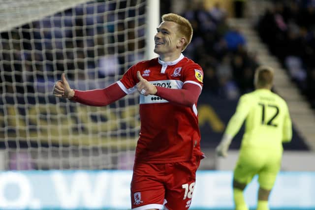 Middlesbrough's Duncan Watmore celebrates after scoring his side's second goal during the Sky Bet Championship match at the DW Stadium, Wigan. Picture: Will Matthews/PA Wire.