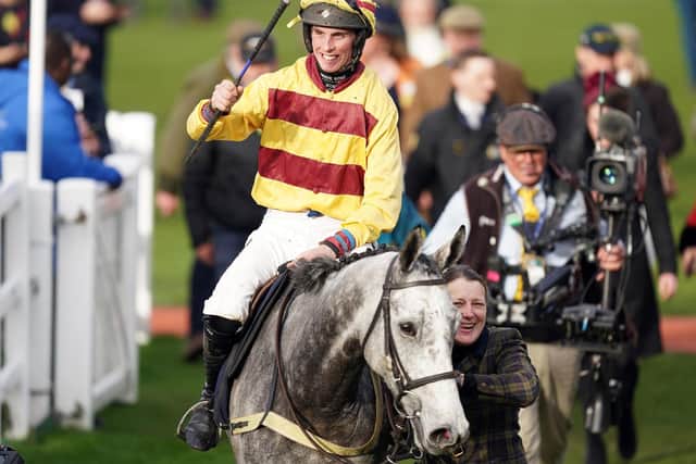 All smiles: Fiona Needham, right, leads in John Dawson and Sine Nomine after the 8-1 shot's win in the St James' Place Festival Challenge Open Hunters' Chase. (Picture: PA)