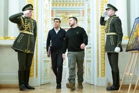 Prime Minister Rishi Sunak with President Volodymyr Zelensky arrive for a press conference during a visit to the Presidential Palace in Kyiv, Ukraine. PIC: Stefan Rousseau/PA Wire