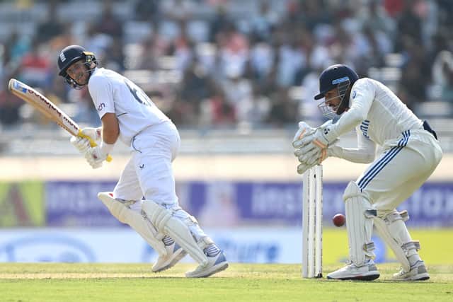 LEADING MAN: England's Joe Root plays through square leg, watched by India wicketkeeper Dhruv Jurel during day one of the 4th Test Match in Ranchi Picture: Gareth Copley/Getty Images