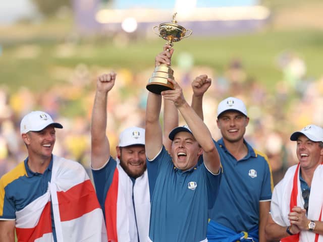 Mixed emotions: Matt Fitzpatrick holds aloft the Ryder Cup with his team-mates but had hoped to contribute more in Rome. (Picture: Patrick Smith/Getty Images)