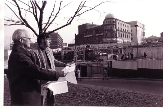 David Brayshaw and Colin George survey the Crucible under construction, early 1970