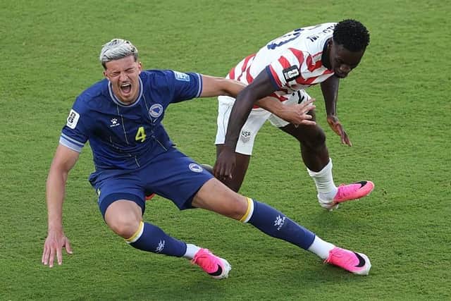 PAINFUL MOMENT: Tarik Muharemovic was on the wrong end of an infamous foul by Folarin Balogun at the World Cup (Image: Michael Steele/Getty Images)