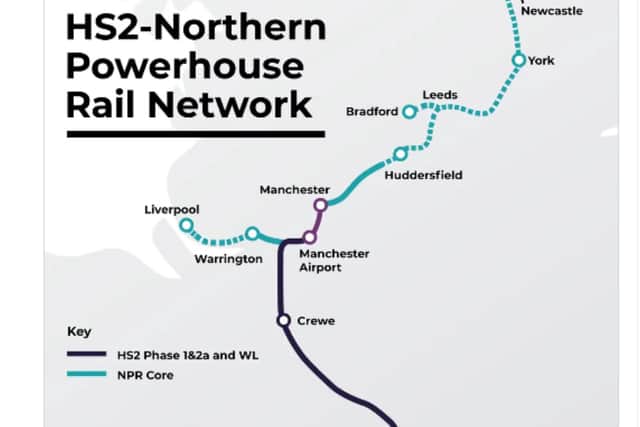 The HS2 line (marked in purple) was going to be used by Northern Powerhouse Rail services