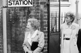 British Prime Minister Margaret Thatcher (left) with Shirley Porter, the Leader of Westminster City Council, outside a polling station in London during London borough council elections, 3rd May 1990. Porter resigned from the council in 1993 after being accused of gerrymandering in the 'homes for votes' scandal.  (Photo by Peter Macdiarmid/Hulton Archive/Getty Images)