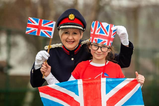 Pupils at Ben Rhydding Primary School are preparing for the forthcoming Ilkley Carnival as it marks a coronation theme for this year's King's Coronation. Pictured  Suzanne Watson, Deputy Lieutenant West Yorkshire, with Isla Moffatt, Picture By Yorkshire Post Photographer,  James Hardisty.