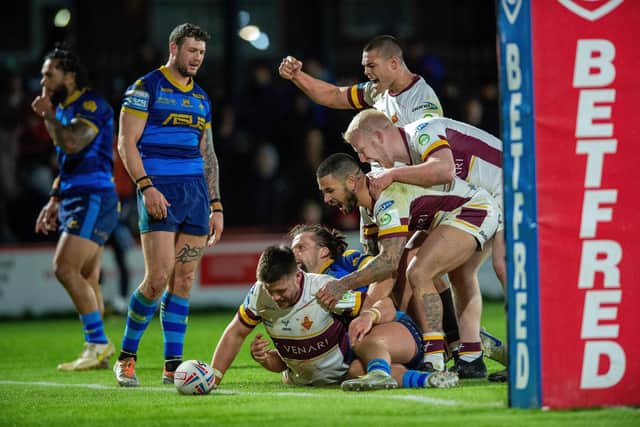 Joe Greenwood celebrates scoring the only try of the game as Huddersfield Giants got the better of Wakefield Trinity. (Photo: Bruce Rollinson)