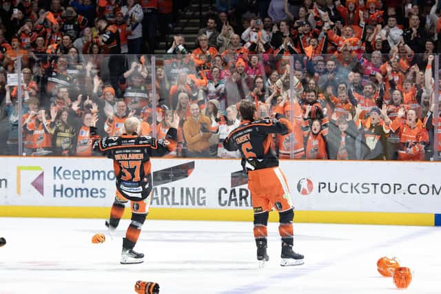 GREAT NIGHT: Sheffield Steelers' Niklas Nevalainen and Kevin Tansey celebrate after beating the Guildford Flames 3-1 in the Challenge Cup Final at the Utilita Arena Picture: Tony Johnson.