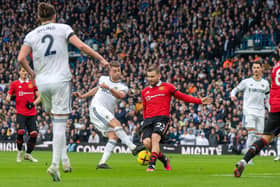 Patrick Bamford's shot is blocked by Luke Shaw.
Leeds United v Manchester United.  Premier League.  Elland Road.
12 February 2023.  Picture Bruce Rollinson