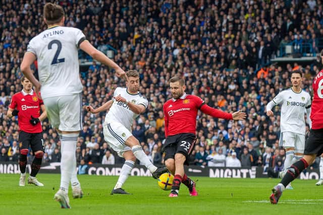 Patrick Bamford's shot is blocked by Luke Shaw.
Leeds United v Manchester United.  Premier League.  Elland Road.
12 February 2023.  Picture Bruce Rollinson