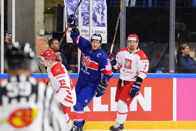 STARTING POINT: Sheffield Steelers' Jonathan Phillips celebrates scoring Great Britain's first goal against Poland in Sunday's 5-4 win at the Motorpoint Arena in Nottingham.
Dean Woolley/Ice Hockey UK