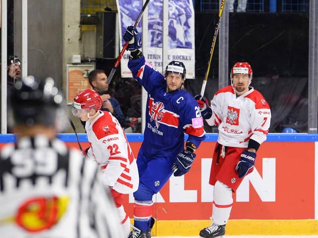 STARTING POINT: Sheffield Steelers' Jonathan Phillips celebrates scoring Great Britain's first goal against Poland in Sunday's 5-4 win at the Motorpoint Arena in Nottingham.
Dean Woolley/Ice Hockey UK