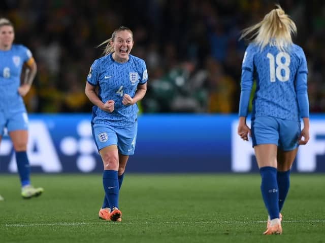 SYDNEY, AUSTRALIA - AUGUST 16: Chloe Kelly and Keira Walsh of England celebrate after the team's 3-1 victory and advance to the final following the FIFA Women's World Cup Australia & New Zealand 2023 Semi Final match between Australia and England at Stadium Australia on August 16, 2023 in Sydney, Australia. (Photo by Justin Setterfield/Getty Images )
