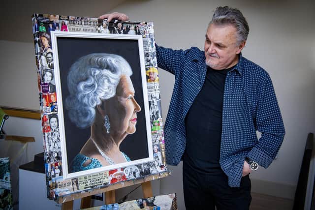 Alan Rogan regards his portrait of Queen Elizabeth II. Picture by Tony Johnson.