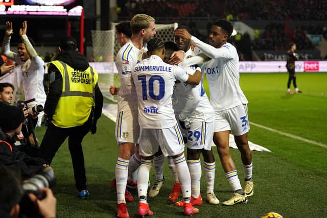 ON THE UP: Leeds United's players celebrate Wilfried Gnonto winning goal against Bristol City at Ashton Gate on Friday night, a result which briefly moved the Whites up to second in the Championship standings. Picture: Bradley Collyer/PA