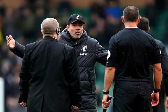 FRUSTRATION: Norwich City manager David Wagner exchanges words with match officials at the end of the match at Carrow Road. Picture: Joe Giddens/PA