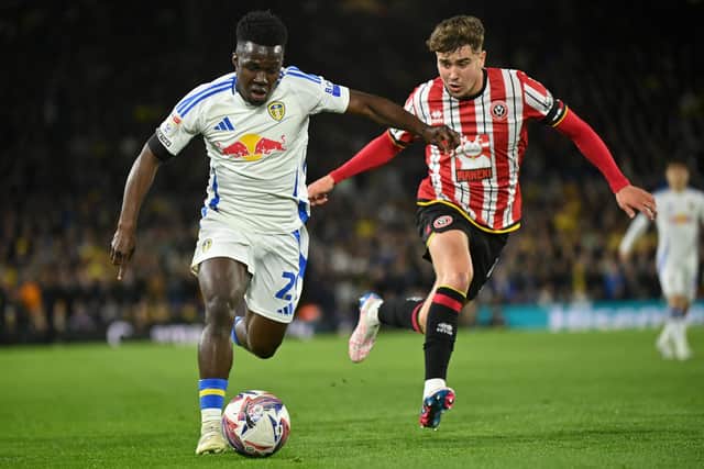 Wilfried Gnonto and Ollie Arblaster.
Leeds United v Sheffield United. SkyBet Championship. Elland Road.
Picture Bruce Rollinson