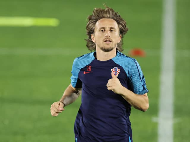 Croatia's midfielder Luka Modric attends a training session at Al Erssal Training Site 3 in Doha on December 16, 2022, on the eve of the Qatar 2022 World Cup third place football match between Croatia and Morocco. (Photo by JACK GUEZ / AFP) (Photo by JACK GUEZ/AFP via Getty Images)