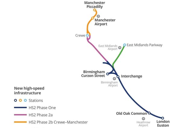 A map of the HS2 line which was due to be built before Rishi Sunak abandoned the northern leg