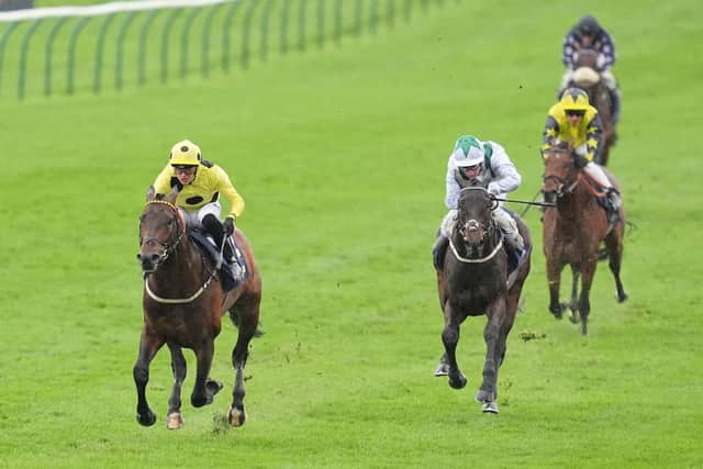 SUPER START: Caviar Heights ridden by Clifford Lee (left) on their way to winning the William Hill Newmarket Stakes day one of The QIPCO Guineas Festival at Newmarket Picture: Adam Davy/PA