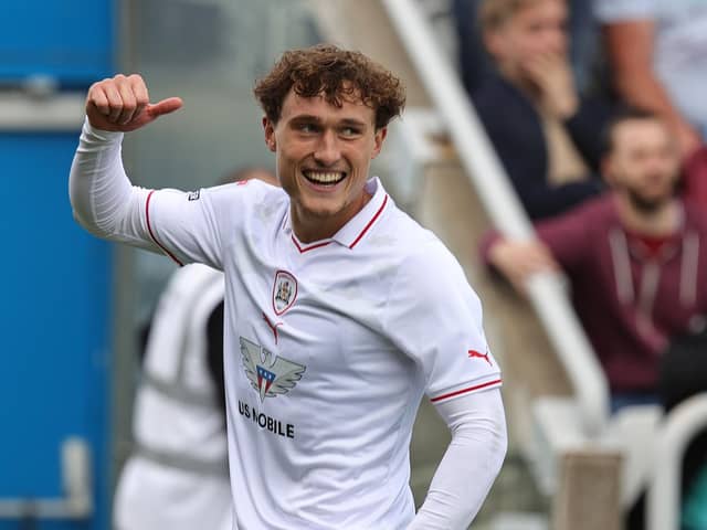 NORTHAMPTON, ENGLAND - SEPTEMBER 23: Callum Styles of Barnsley celebrates after scoring his sides first goal during the Sky Bet League One match between Northampton Town and Barnsley at Sixfields on September 23, 2023 in Northampton, England. (Photo by Pete Norton/Getty Images)