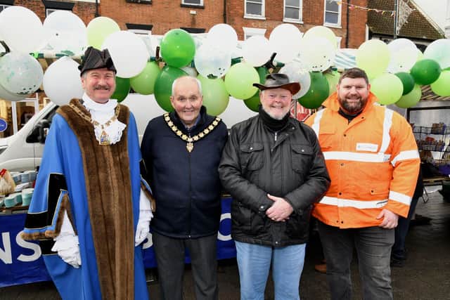 John Dyson is pictured with, from left, Cllr John Whittle, Chairman of East Riding of Yorkshire Council, former council markets officer Dave Young, and current council markets officer Richard Lascelles