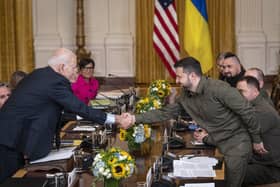 US President Joe Biden shakes hands with the President of Ukraine Volodymyr Zelensky after a meeting in September. PIC: Drew Angerer/Getty Images