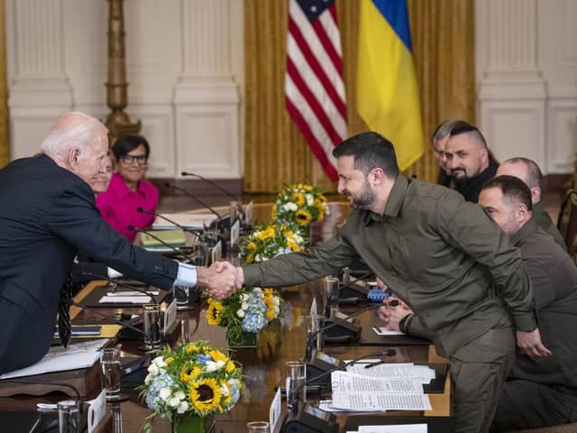 US President Joe Biden shakes hands with the President of Ukraine Volodymyr Zelensky after a meeting in September. PIC: Drew Angerer/Getty Images